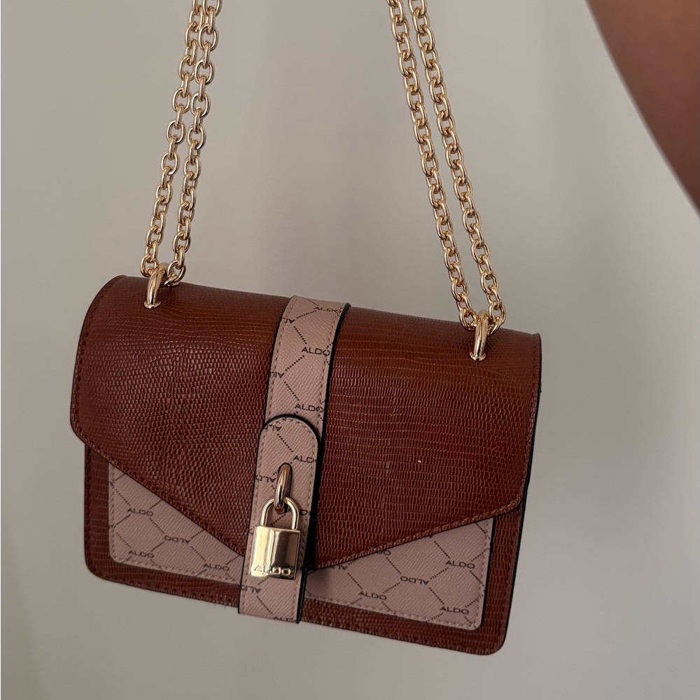 Aldo Brown and Cream Crossbody Bag with Gold Chain